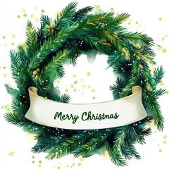 Watercolor crafted Christmas wreath features lush green foliage and decorative elements, complemented by a cheerful banner that reads Merry Christmas, adding festive spirit.