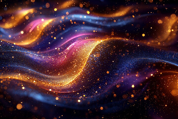 Glitter Rainbow Golden Wave Stripes Design. Shiny Gold and Blue moving lines design element on dark background