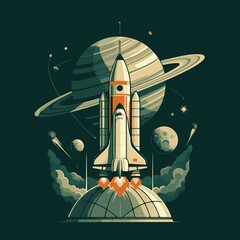 Naklejka premium Space sci-fi colorful poster with planets and space rocket. JPEG version.