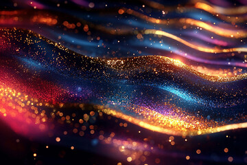 Glitter Rainbow Golden Wave Stripes Design. Shiny Gold and Blue moving lines design element on dark background