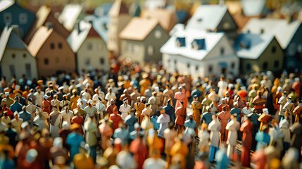 Obraz premium Large Crowd of Diverse People in Origami Form Inside a Town