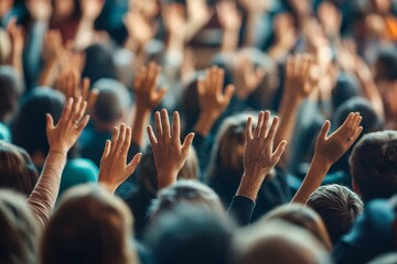 Raised hands in a large corporate conference, diverse crowd, afternoon, soft natural light, focus on gestures, medium close-up, engaged audience 2