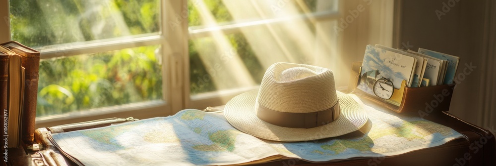 Aufkleber A travel hat is placed on an open suitcase next to maps and guides, creating a perfect setup for planning an exciting journey. Generative AI