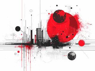 Red and black cityscape with a red circle in the middle. The cityscape is filled with red and black splatters, giving it a chaotic and abstract feel