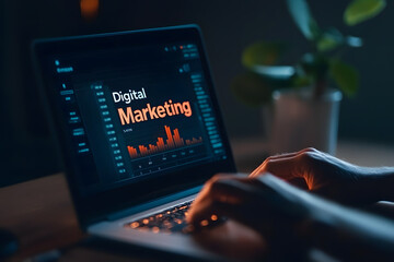 Hands typing on a laptop keyboard, with the screen displaying vibrant digital marketing analytics and strategies, symbolising creativity and innovation in the online business world