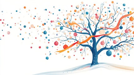A stylized tree with colorful ribbons and circular ornaments, set against a white background, with a whimsical design and soft snow at the base