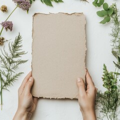 Eco-friendly concept with hands holding recycled paper sign surrounded by greenery