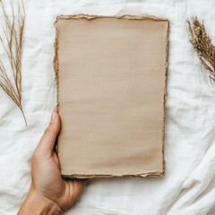 Hand holding blank paper sign with natural elements for creative design