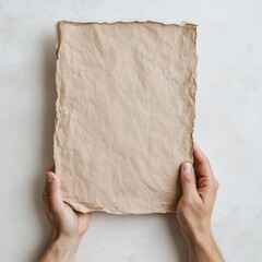 Hands holding a blank torn paper sign for custom message or creative design