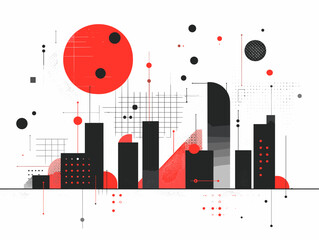 Cityscape with a red sun in the background. The city is filled with buildings and has a futuristic feel to it