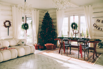 Stylish Christmas tree, New Year's interior, beautiful decor in the house