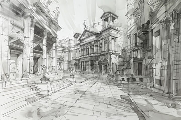 Obraz premium Architectural Sketch of Ruins with Grid Pattern.