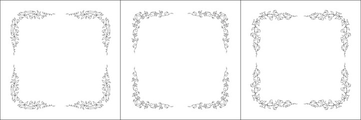 Set of three vector decorative frames, vegetal ornamental frame with flowers, decorative border, corners for greeting cards, banners, business cards, invitations. Isolated vector illustration.	