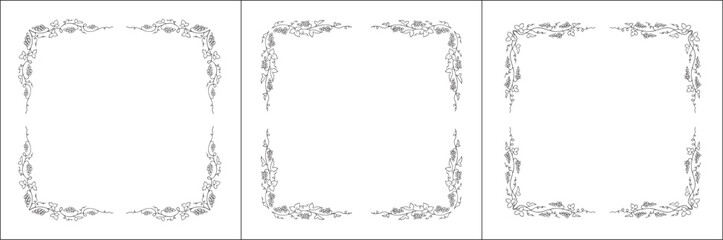 Set of three vector decorative frames. Vegetal frame with grapevine, decorative corners for greeting cards, banners, business cards, invitations, menus. Isolated vector illustration.	