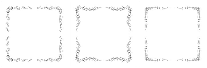 Set of three vector decorative frames, vegetal ornamental frame with leaves, decorative border, corners. Isolated vector illustration.	
