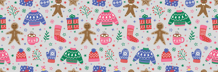 Colourful Christmas seamless pattern with cartoon decorations. Banner. Vector illustration