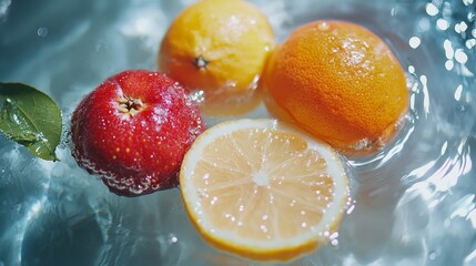Fresh fruits including apples, lemons, and oranges floating in clear water with bubbles
