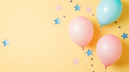 Three pink and blue balloons with confetti on yellow