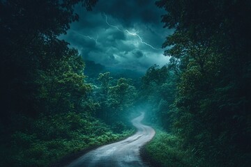 Dark storm clouds and lightning above a narrow road through dense forest, atmospheric, twilight lighting, trees framing road, medium close-up 1