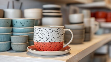 A close-up of a handmade ceramic mug with a speckled design, displayed alongside various handcrafted pottery in a local gift shop