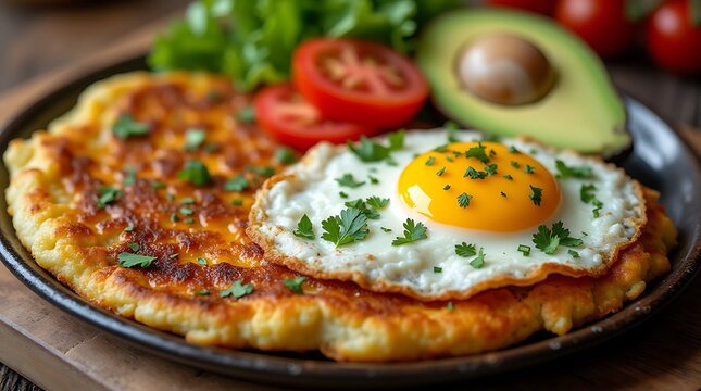 Ecuadorian Llapingachos with Fried Egg and Fresh Salad in Traditional Style