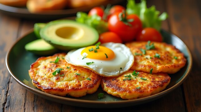 Ecuadorian Llapingachos with Fried Egg and Fresh Salad in Traditional Style
