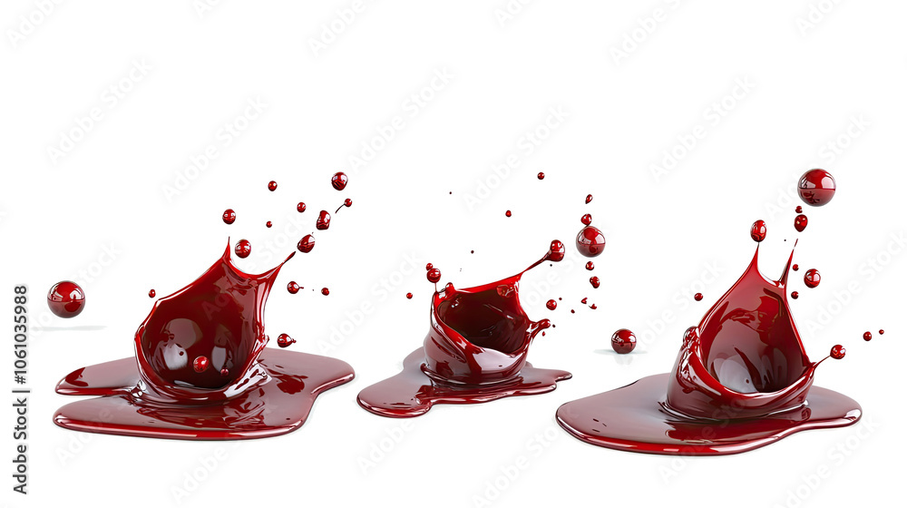 Poster red syrup splashes and droplets isolated on a transparent background generative ai