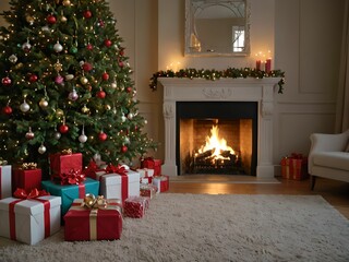 wallpaper with gifts placed under the tree, with a fireplace in the living room. Festive scene.