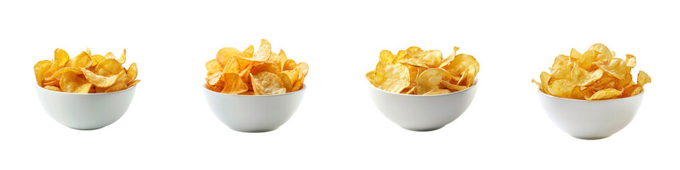 Set of Crispy Potato Chips in White Bowls Isolated on Transparent Background