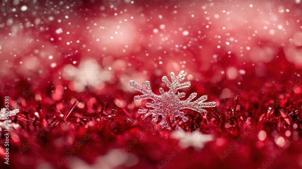 Poster silver snowflake adorned with red tinsel and falling snow