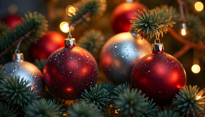 Christmas decorations - Red and silver christmas ornaments background