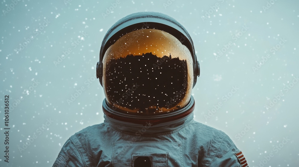 Wall mural close-up of an astronaut wearing a reflective helmet with a snowy background, creating a minimalisti