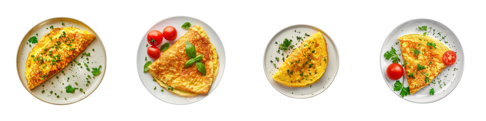 Set of Delicious Omelette with Fresh Herbs and Tomatoes on Plate Isolated on Transparent Background
