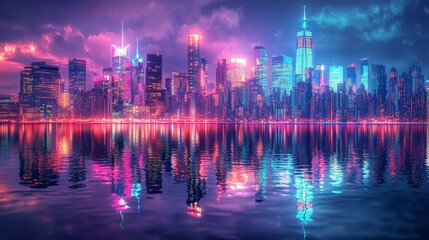 Obraz premium A vibrant city skyline reflecting on calm water during twilight, showcasing colorful lights and dramatic clouds