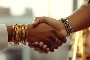 Close-up of handshake between two Black businesswomen, one wearing gold jewelry, sleek modern office, morning light streaming in, focus on manicured hands 4