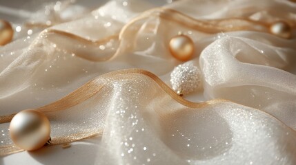 Gold ribbon elegantly draped across a white tablecloth, with sparkling ornaments scattered around for a sophisticated table setting.