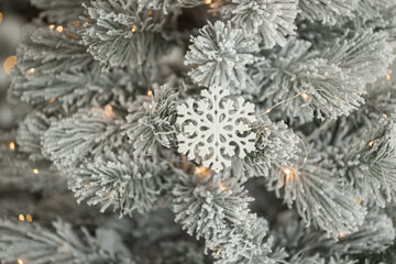 Bed with New Year's decorations. New Year's interior. Christmas tree.