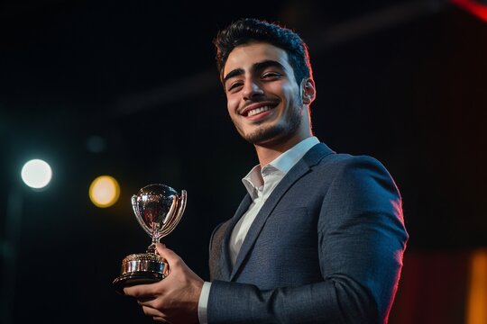 A young Middle Eastern businessman in a fitted suit, proudly accepting an award on stage, spotlight on him, with a confident smile, medium close-up showing his hands and trophy 1