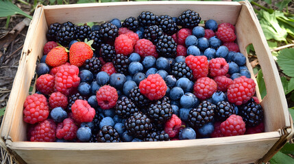 A basket filled with an assortment of fresh berries, including blackberries, blueberries, and...