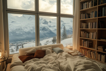 Cozy bed in winter with panoramic snow mountain view