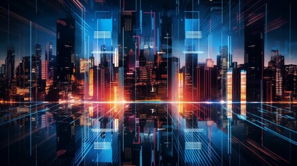 Obraz premium Futuristic cityscape with neon lights and reflective surfaces, showcasing a vibrant urban environment.
