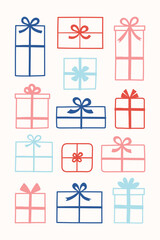 Cute hand drawn present with bow. Christmas element set. Vector illustration