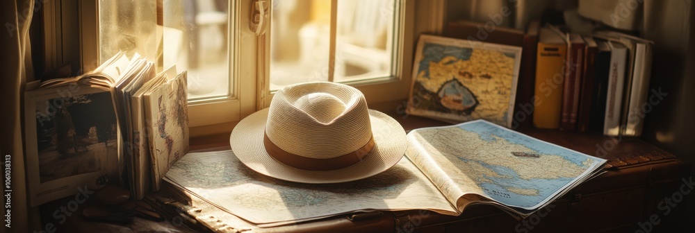 Aufkleber a travel hat is placed on an open suitcase, surrounded by colorful maps and travel guides in a warm 
