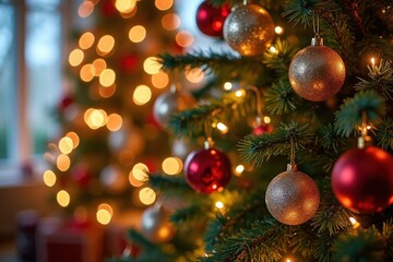 Christmas tree decorated with red and gold ornaments, glowing lights in a cozy setting, festive atmosphere, holiday spirit