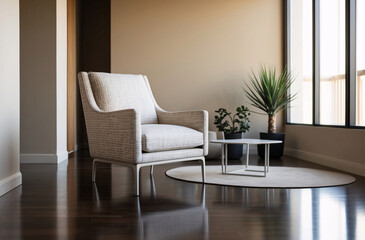 Minimalist, japandi interior design of modern living room with accent armchair