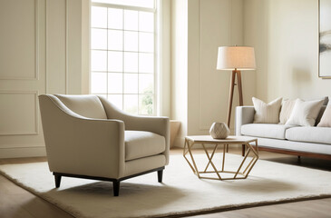 Minimalist, japandi interior design of modern living room with accent armchair