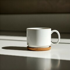 Mockup White coffee cup on coaster casting a long shadow on a sunlit table.