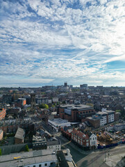 High Angle View of Historical and Modern British City Centre of Liverpool, Maritime city in northwest England, United Kingdom. Aerial Footage Was Captured with Drone's Camera on May 5th, 2024