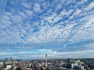 Fototapeta premium High Angle View of Historical and Modern British City Centre of Liverpool, Maritime city in northwest England, United Kingdom. Aerial Footage Was Captured with Drone's Camera on May 5th, 2024