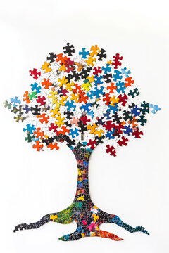 A colorful puzzle tree is arranged on a white background